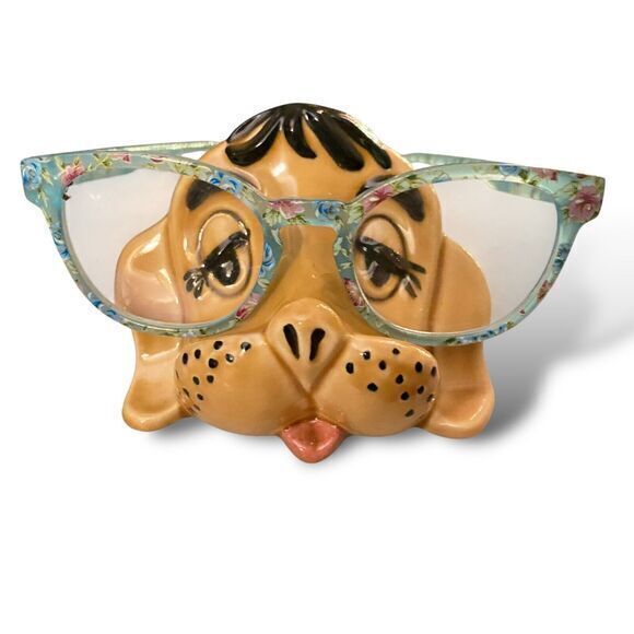Vintage Eyeglass Holder Figurine Puppy Droopy Dog Head Ceramic Desk Gift - Picture 1 of 5